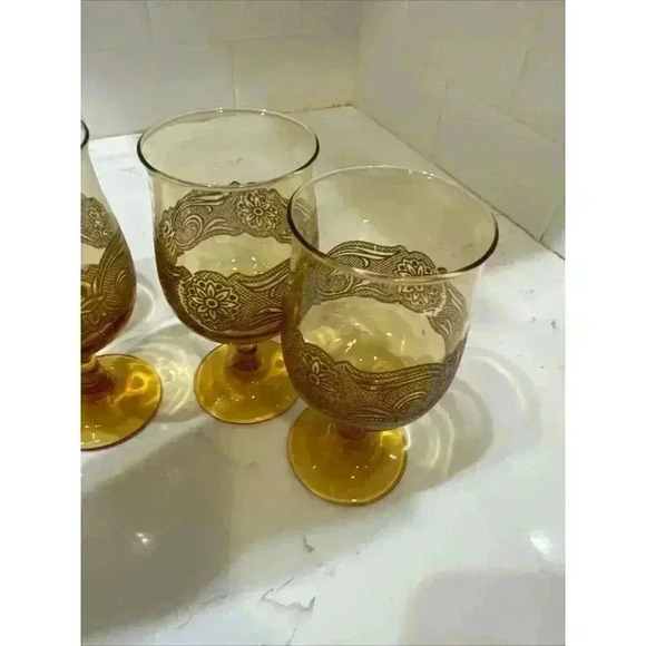 4 Vintage Libbey Americana Amber Stemmed Wine Glasses Goblets Embossed 8 Oz. - Picture 13 of 14